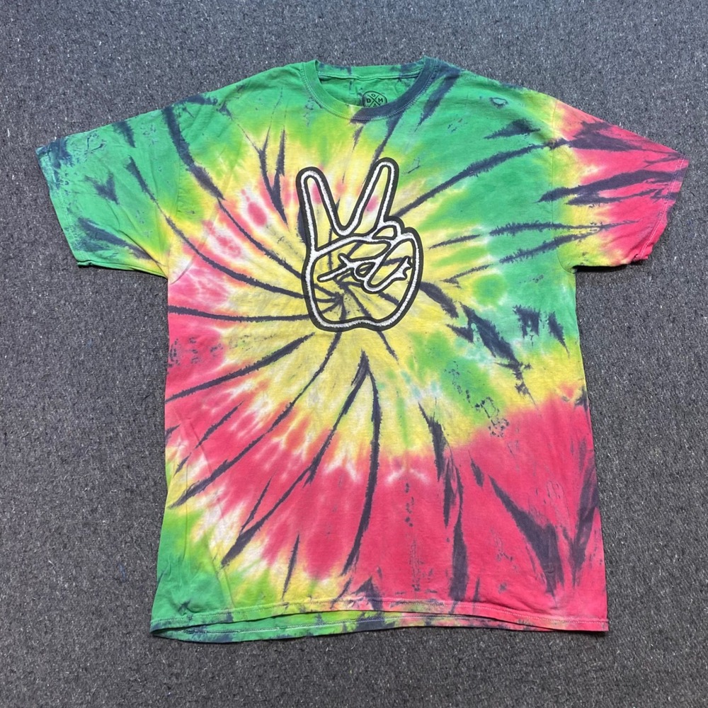 DOM TShirt Sz XL Mens Multicolor Boho Peace Sign Graphic Spiral Tie Dye
